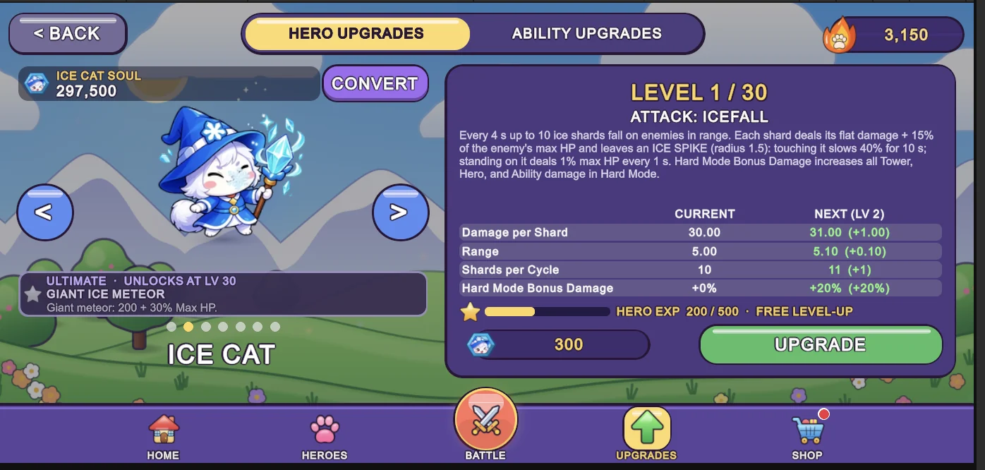 CATD actual development screenshot: Hero progression — Ice Cat